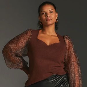 Anthropologie • NWT Dolan Sheer Animal Print Puff-Sleeve Brown Sweater Size 3X